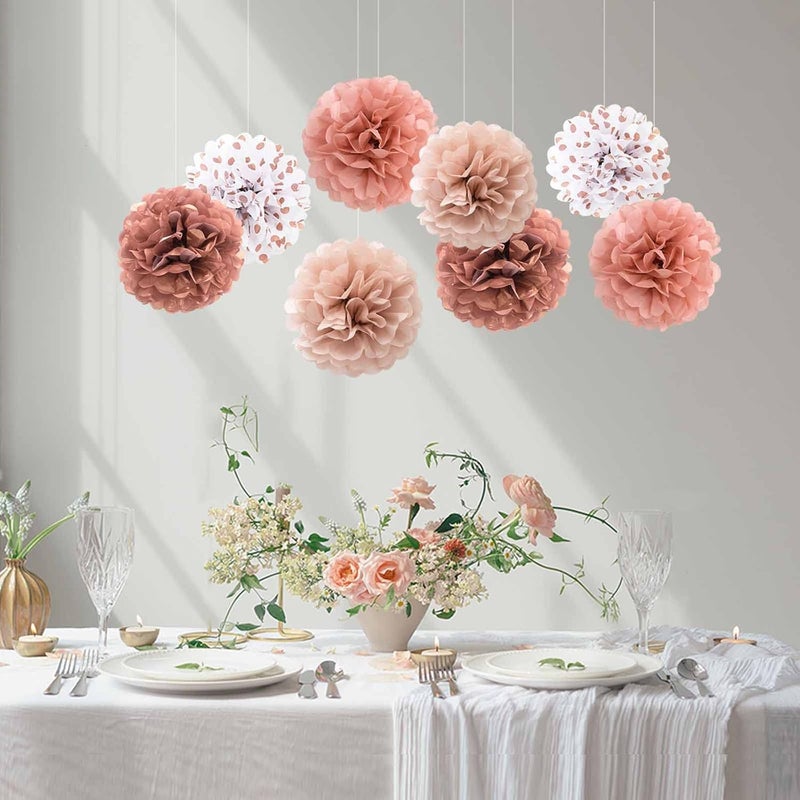 ANSOMO Rose Gold Tissue Paper Pom Poms Flowers Dusty Pink Coral Polka Dot Wall Hanging Wedding Birthday Bridal Baby Shower Party Decorations 12" 10" Pack of 12 - Image 4